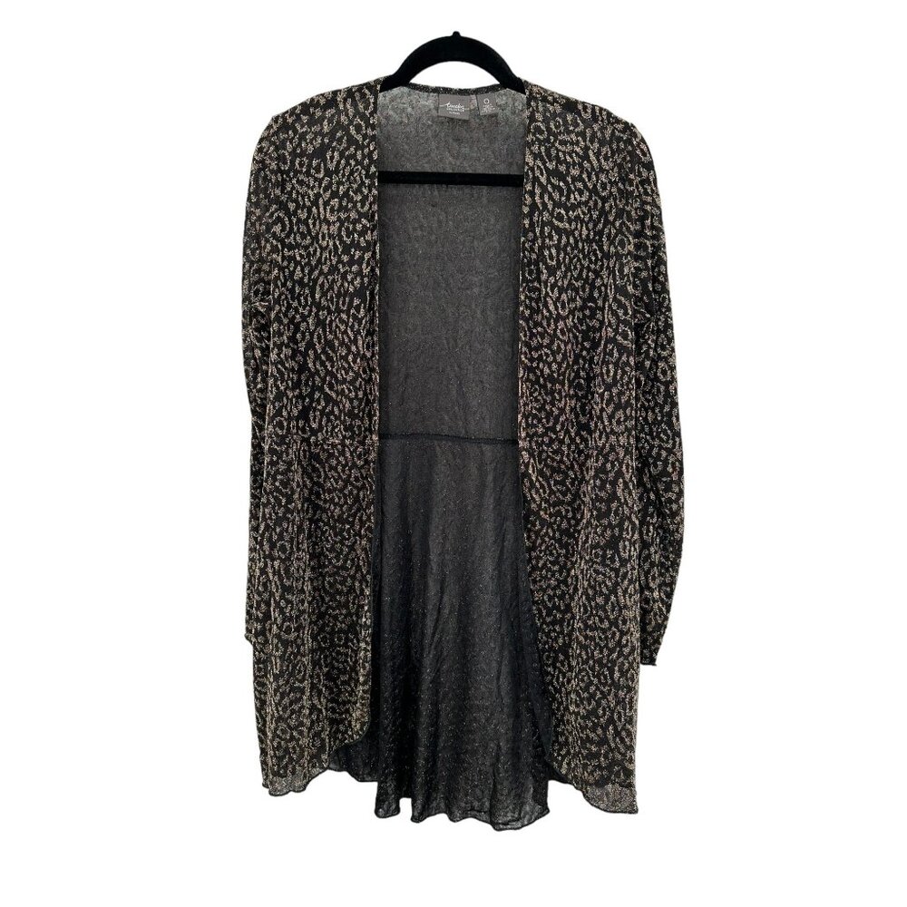 Chico's Travelers Open Front Cardigan Long Size 0 Small Black Gold Metallic